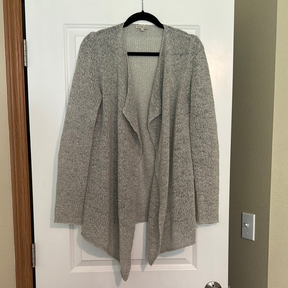 Gray Open Front Knit Cardigan Sweater